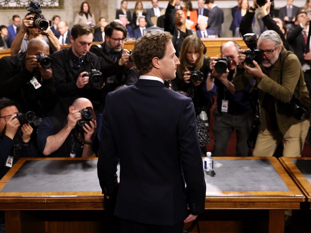 WASHINGTON, DC - JANUARY 31: Mark Zuckerberg, CEO of Meta, arrives to testify during a Senate Judiciary Committee hearing at the Dirksen Senate Office Building on January 31, 2024 in Washington, DC. The committee heard testimony from the heads of the largest tech firms on the dangers of child sexual exploitation on social media. (Photo by Kevin Dietsch/Getty Images)